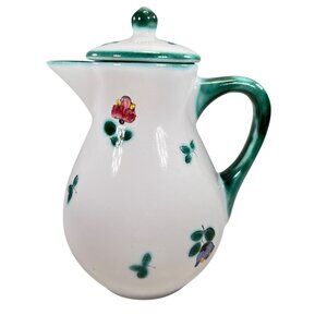 Vtg Gmundner Keramik Alpine Flowers Creamer Pitcher with Lid Hand Painted Green